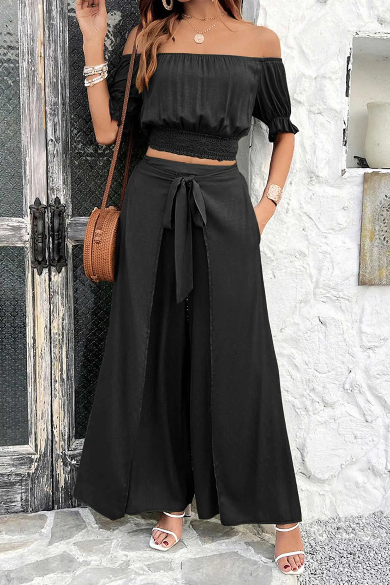 Maxct Off-shoulder Crop Top Tie-up Pants Suits