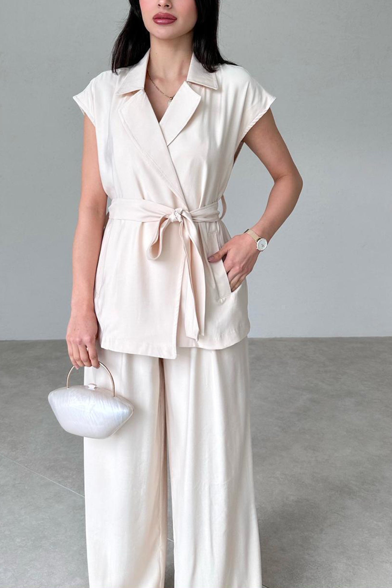 Maxct Cap Sleeve Tie-waist Suit Pants Set
