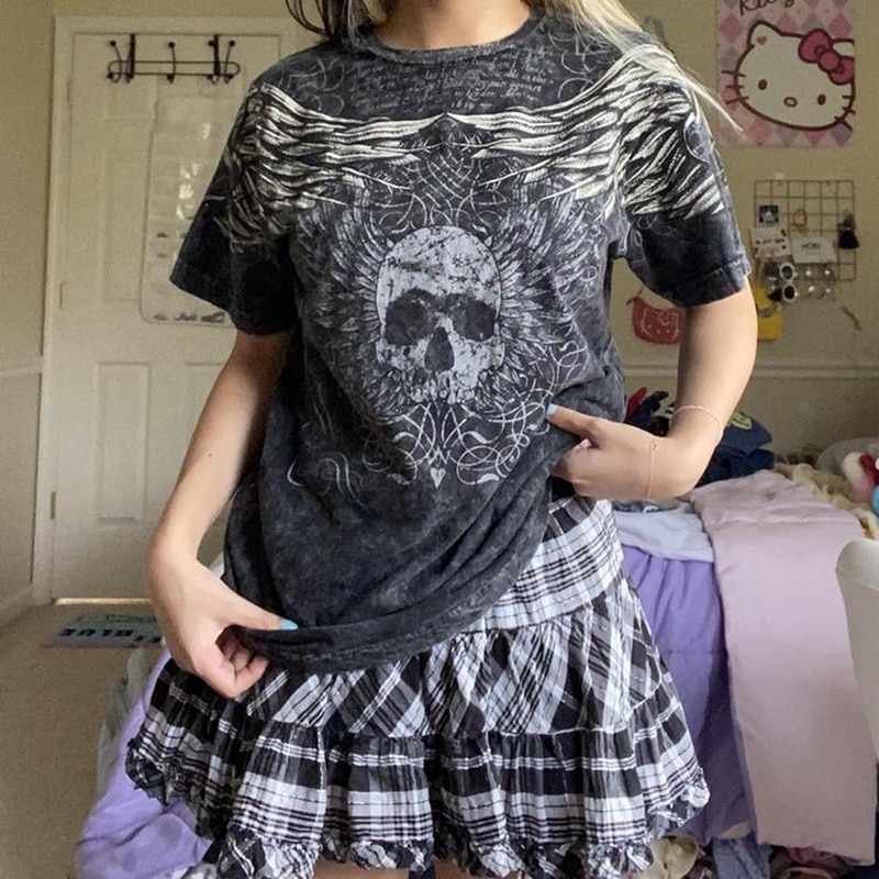 2000s Retro Dark Academia T Shirt Y2K Skulls Wings Graphic Print Tops Summer Short Sleeve Harajuku Tees Mall Goth Clothes