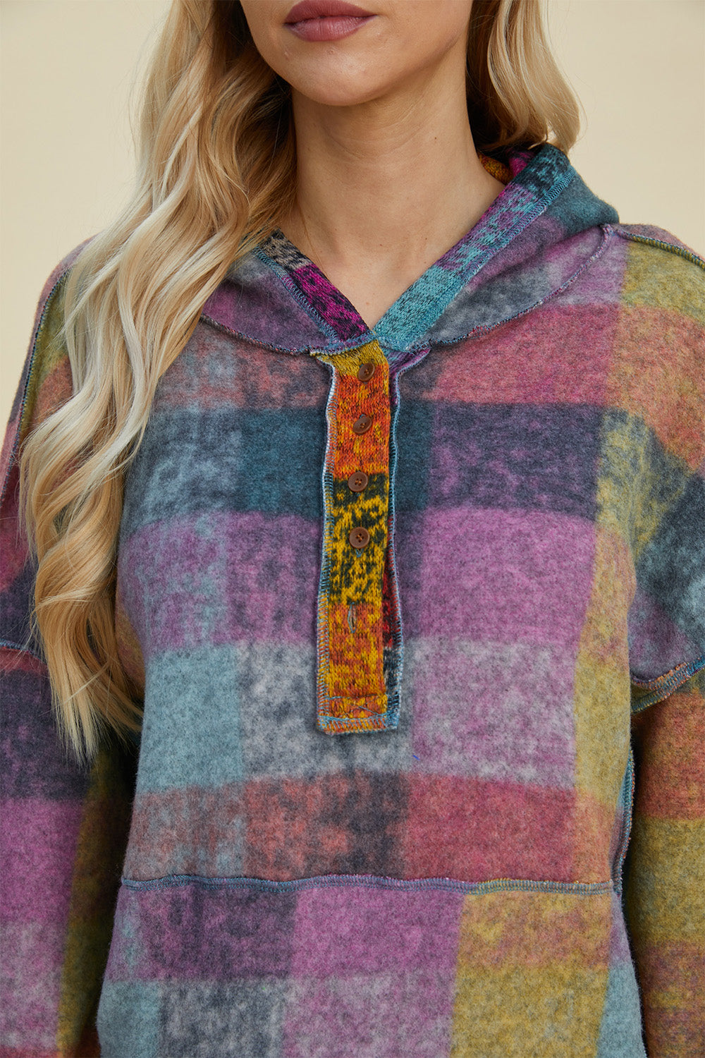 Maxct &Double Take Full Size Plaid Dropped Shoulder Fleece Hoodie