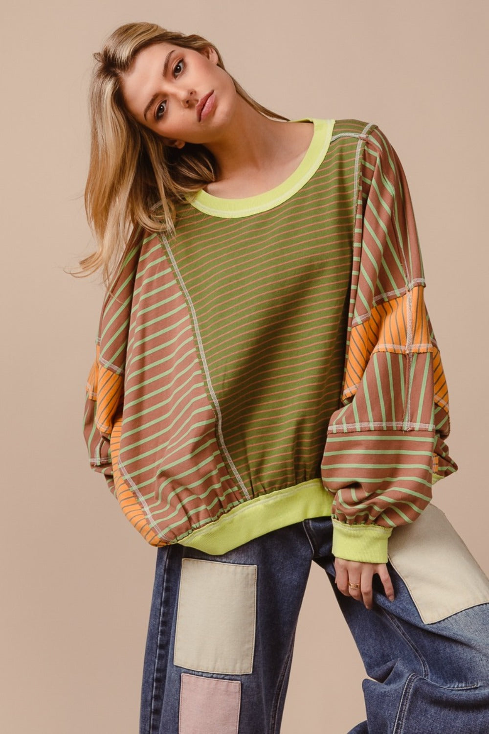 Maxct &BiBi Color Block Striped Round Neck Sweatshirt