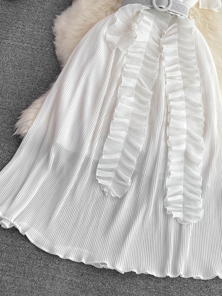 Women's Pleated Midi Dress Purple/Red/White Stand Collar Short Flare Sleeve High Waist A-Line Ruffle Party Vestidos Female