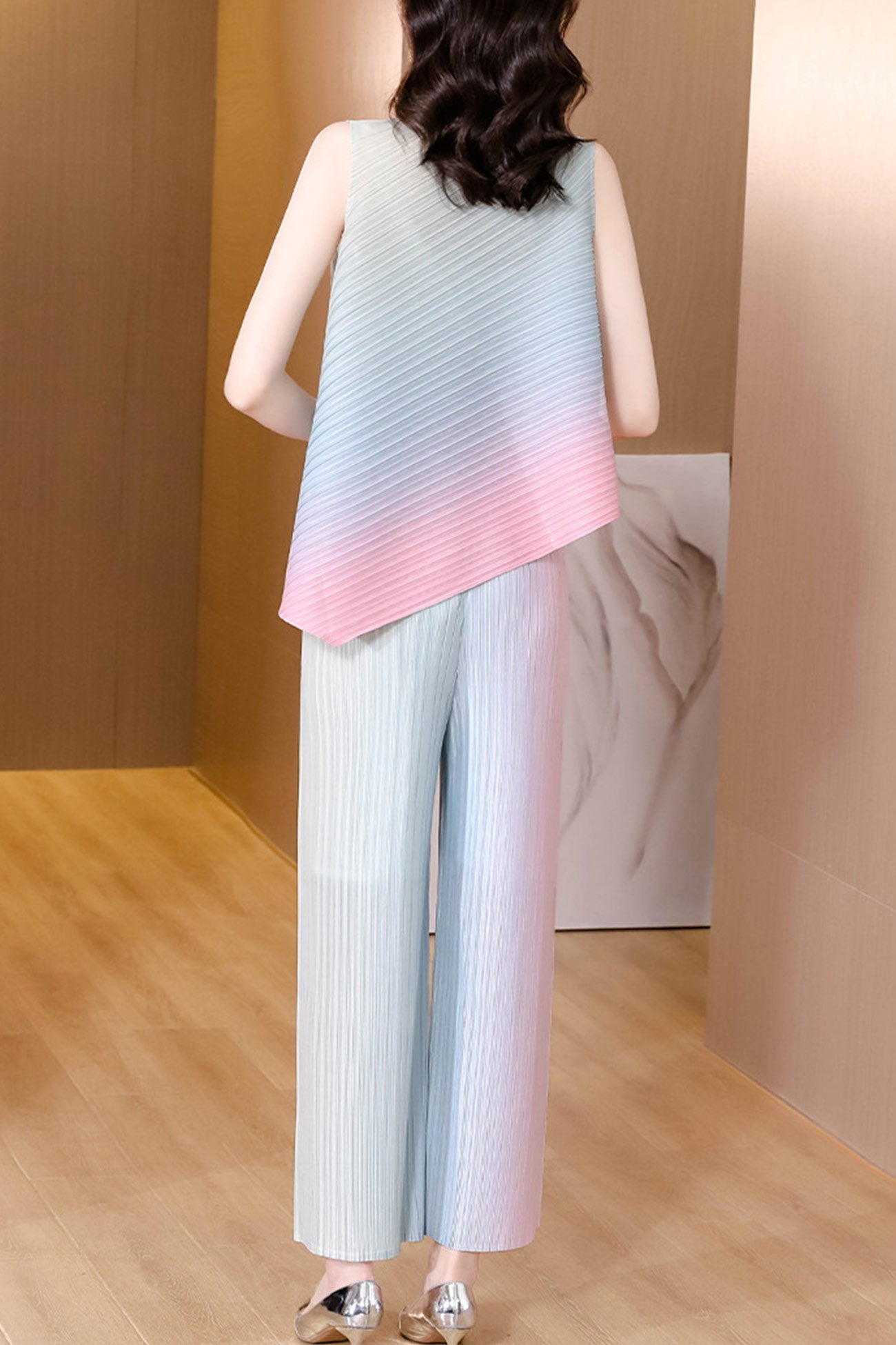 Maxct Gradient Full Pleated Irregular Top & Wide Leg Pants