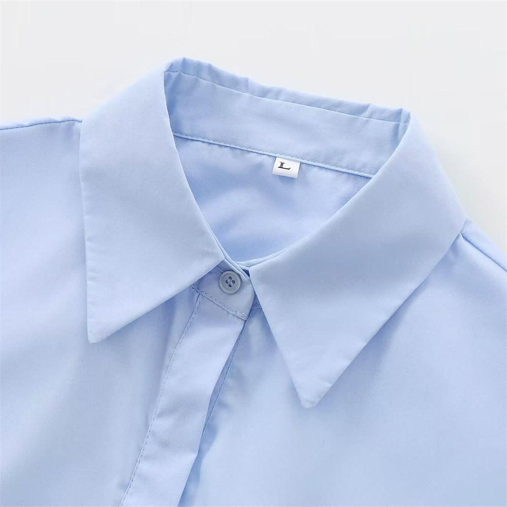 Autumn New Product Women's Fashion Style Blue Backless Belt Poplin Turnover Long Sleeve Shirt