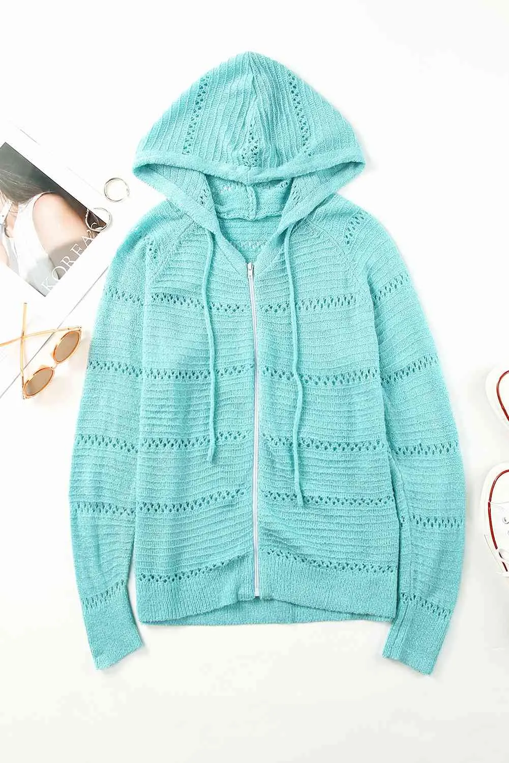 Maxct &Zip-Up Raglan Sleeve Openwork Hooded Cardigan - Image 26