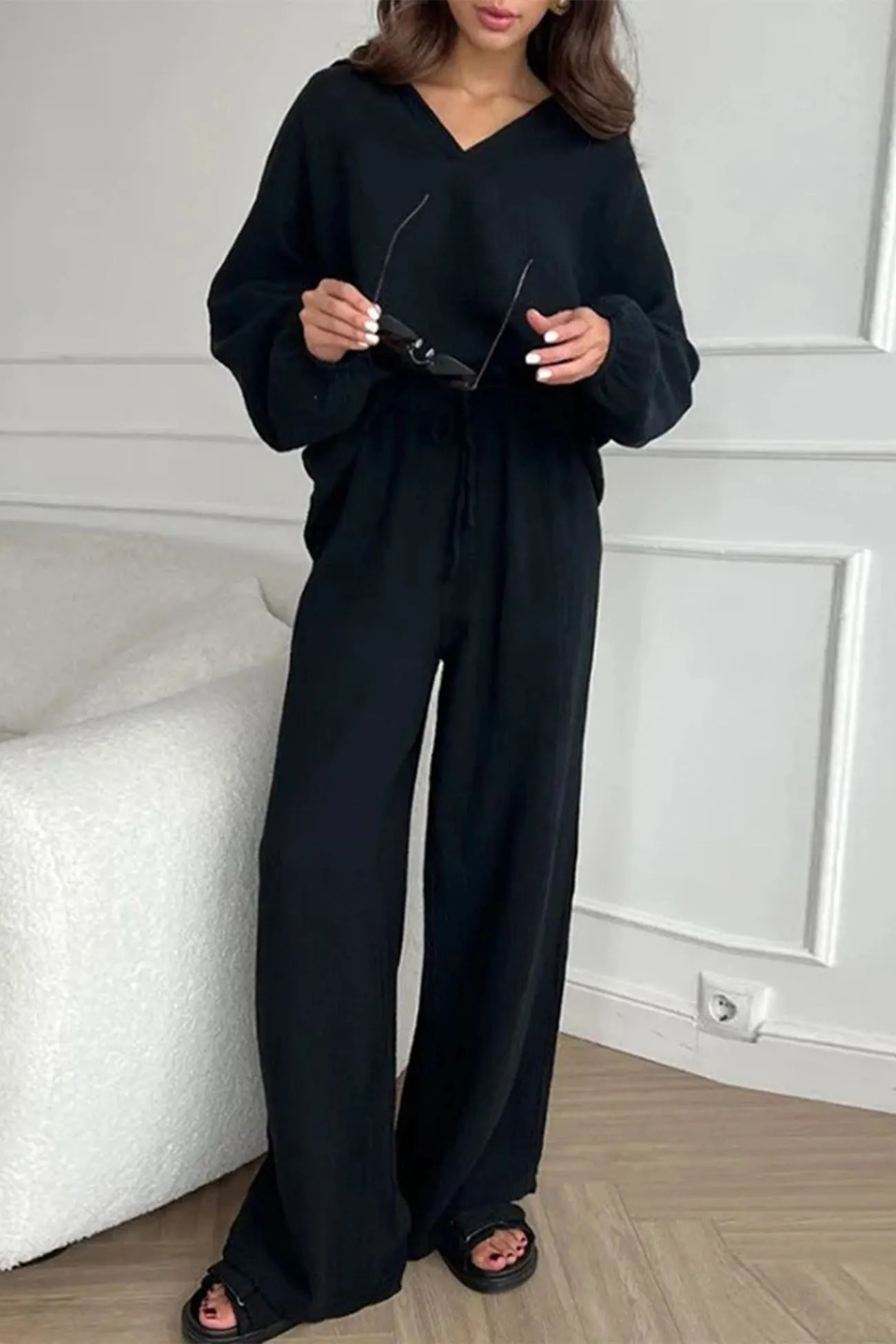 Maxct-Lapel Drawstring Wide Leg Pants Two-piece Set