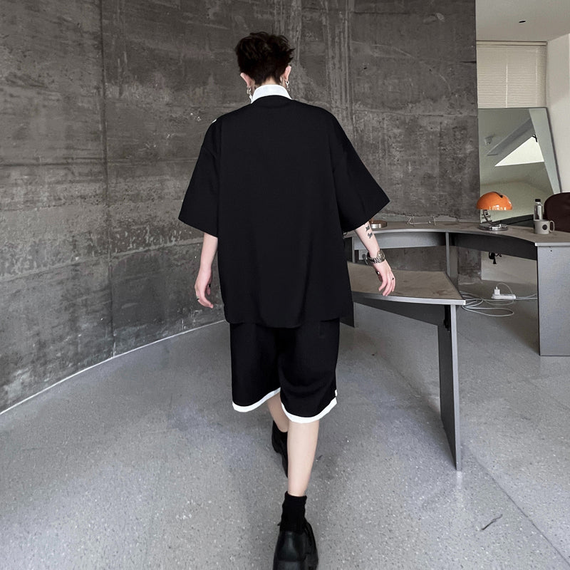 Maxct Color Contrast Short-sleeved Shirt Shorts Two-piece Set