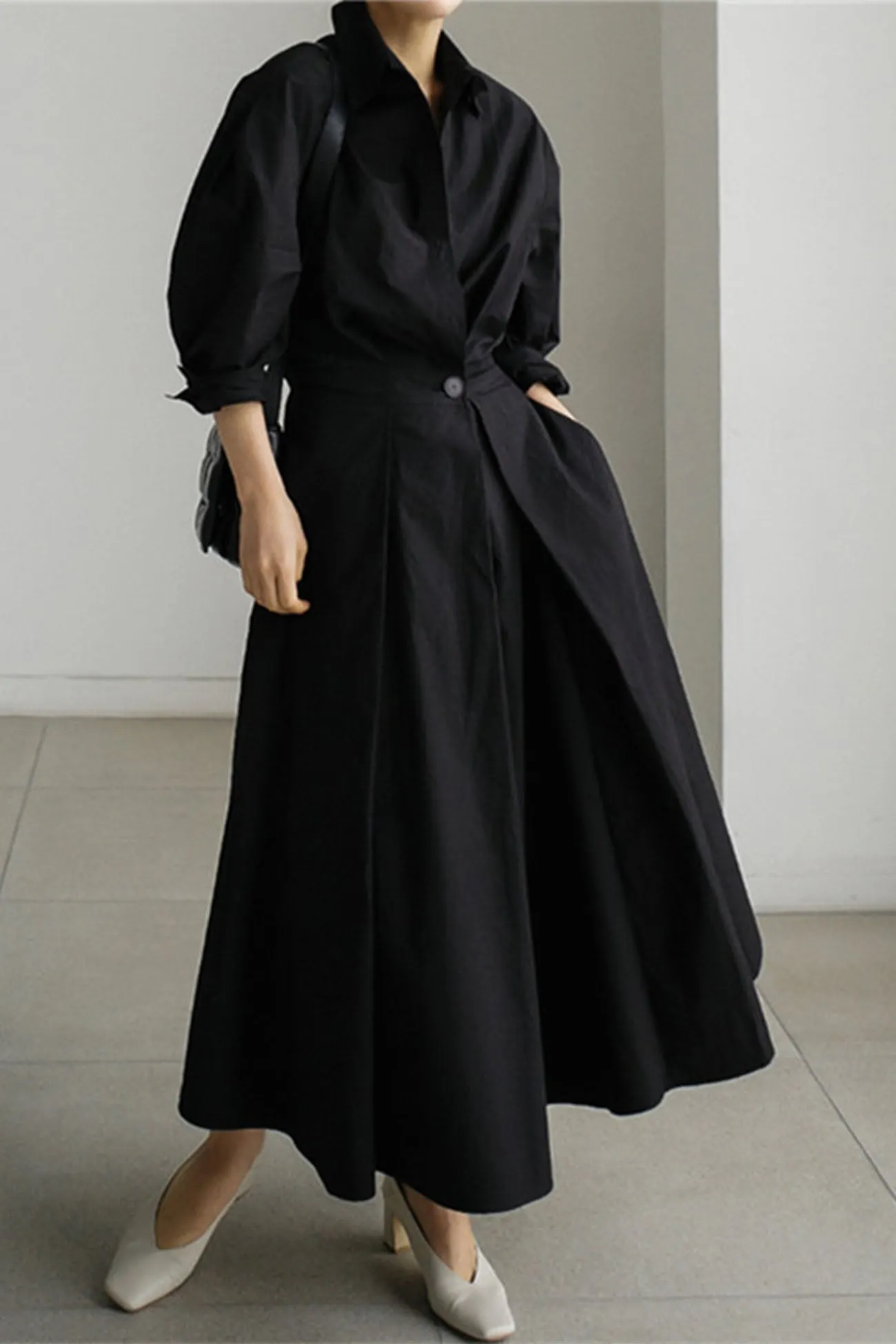 Maxct Cotton Long Sleeve A-Line Shirt Midi Dress