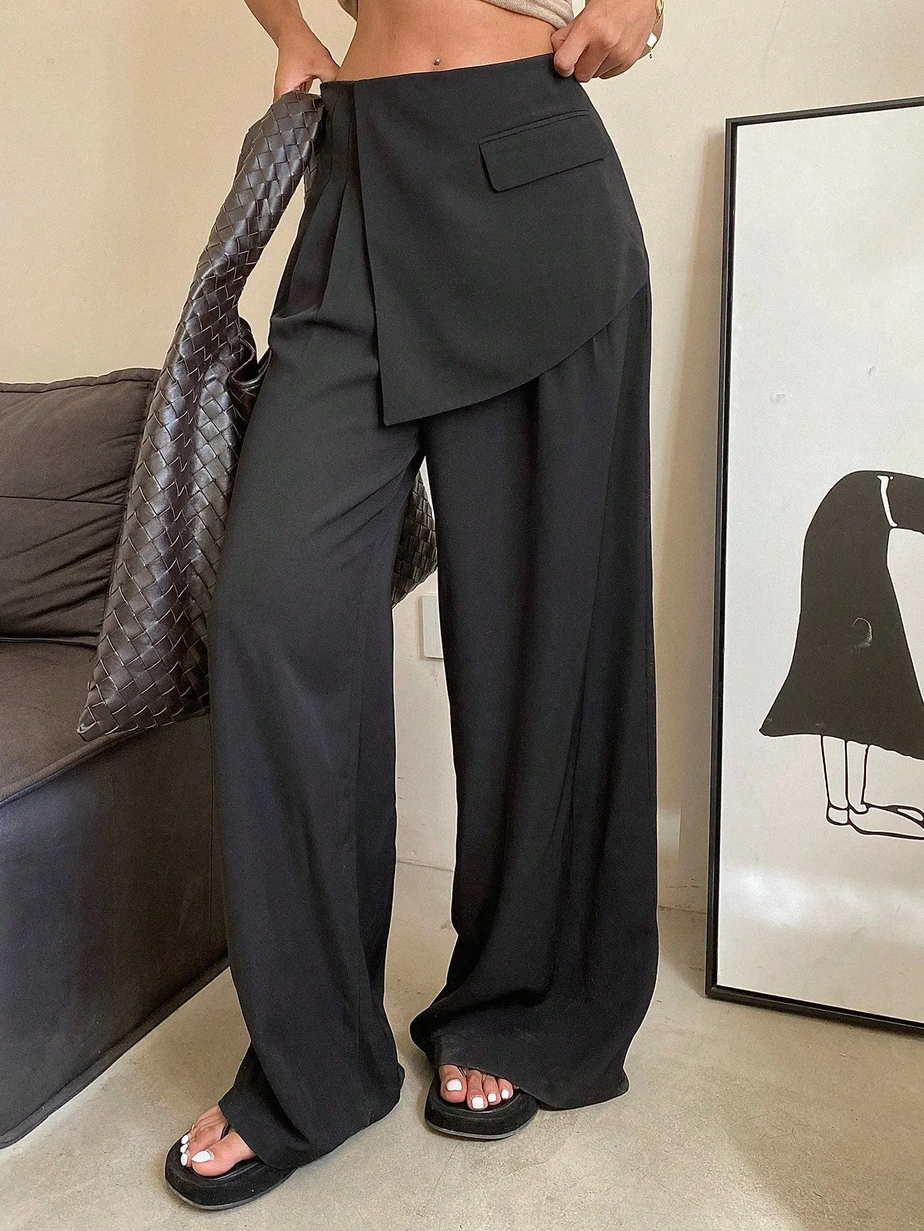 Maxct Solid Color Wide Leg Pants For Women With Loose Fit And Fake Two Piece Design