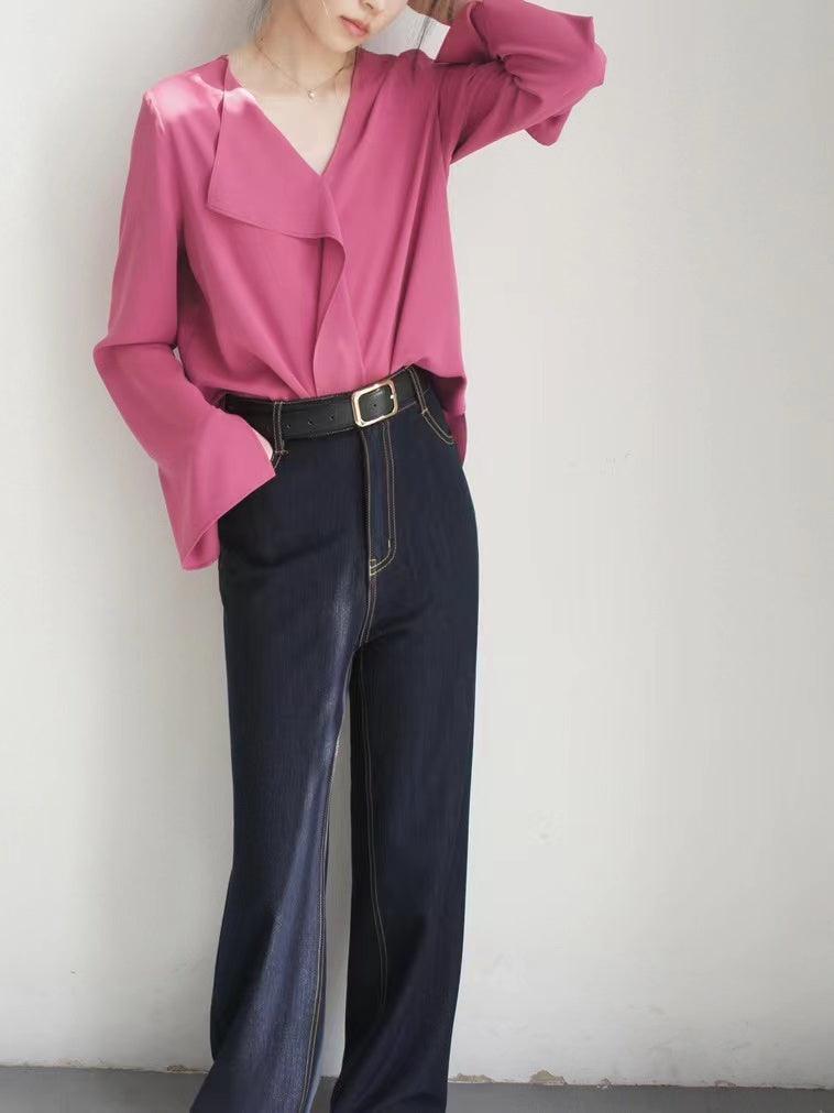 Maxct Rose V Neck Asymmetric Long Sleeve Shirt