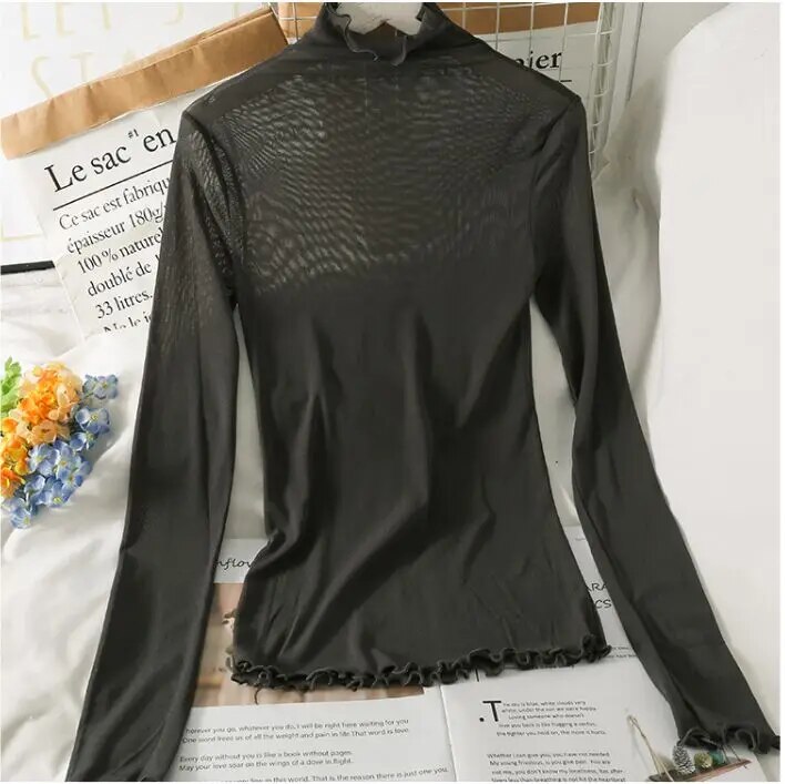 Maxct T Shirts Women Transparent Tops Long Sleeve Slim Turtleneck Stretchy T-Shirt Autumn Tees