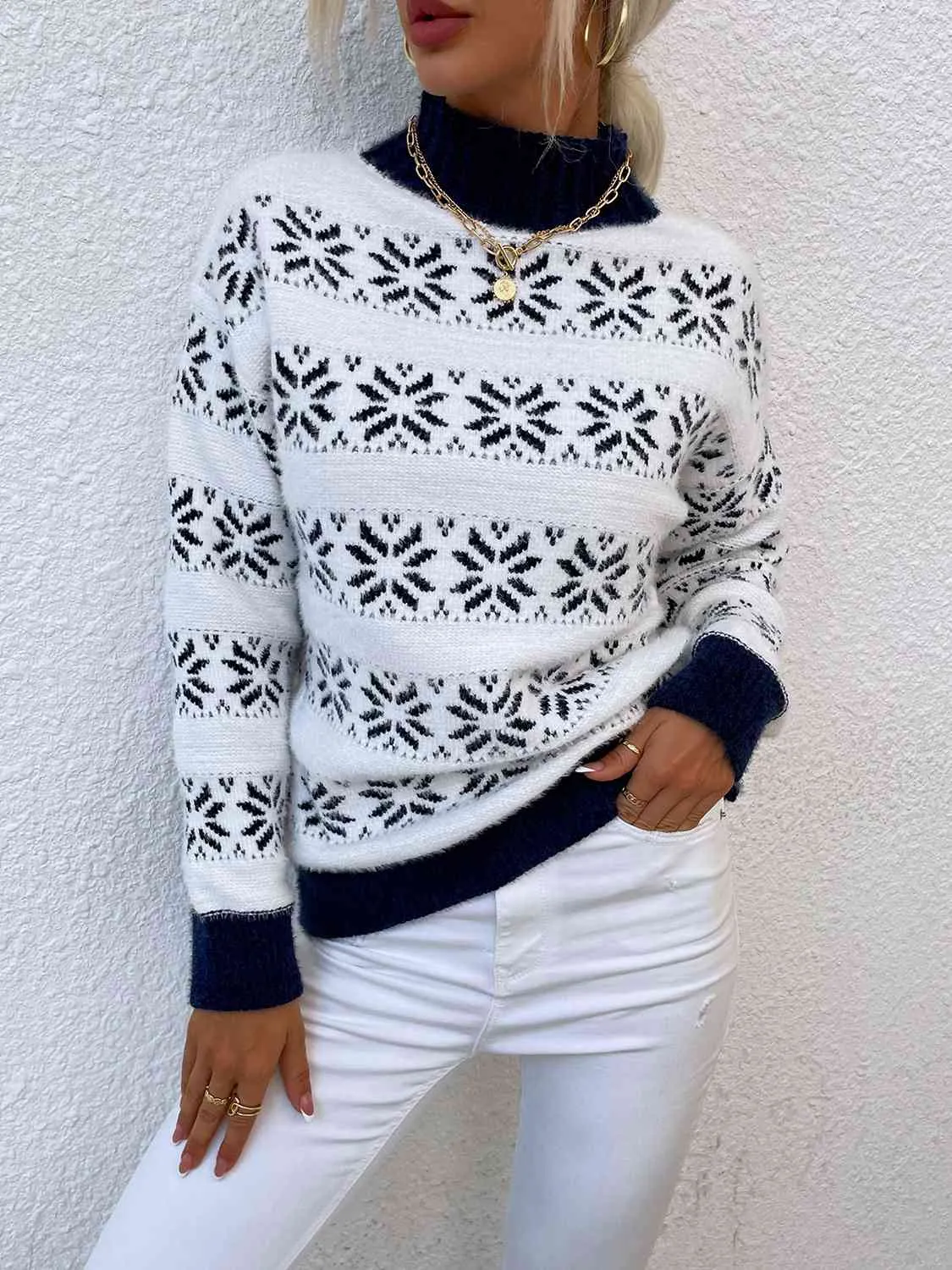 Maxct &Snowflake Pattern Mock Neck Sweater