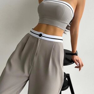 Maxct Tube Top Two Piece Contrast Waistband Pants Set