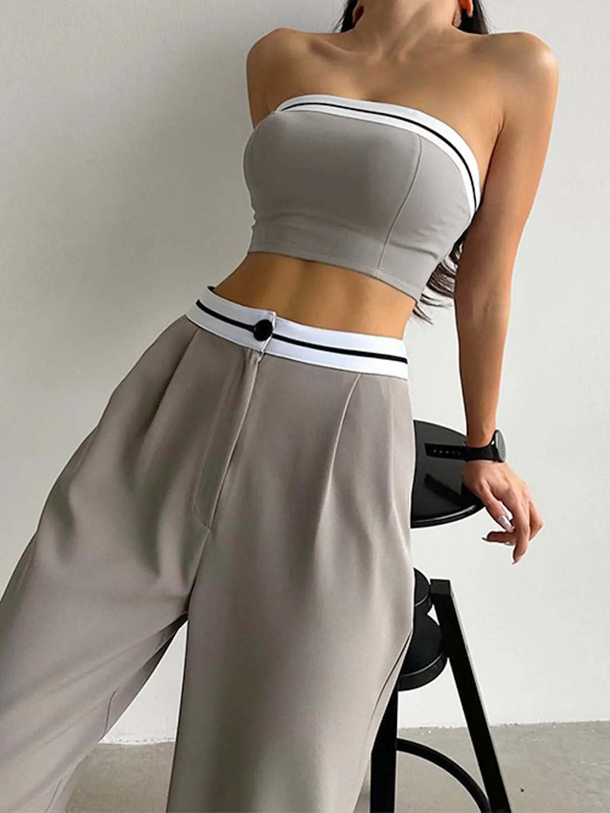 Maxct Tube Top Two Piece Contrast Waistband Pants Set