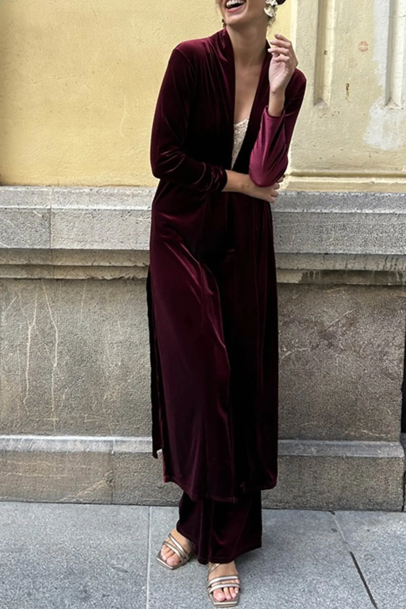 Maxct Velvet Slit Long Cardigan Two-piece Pants Suits