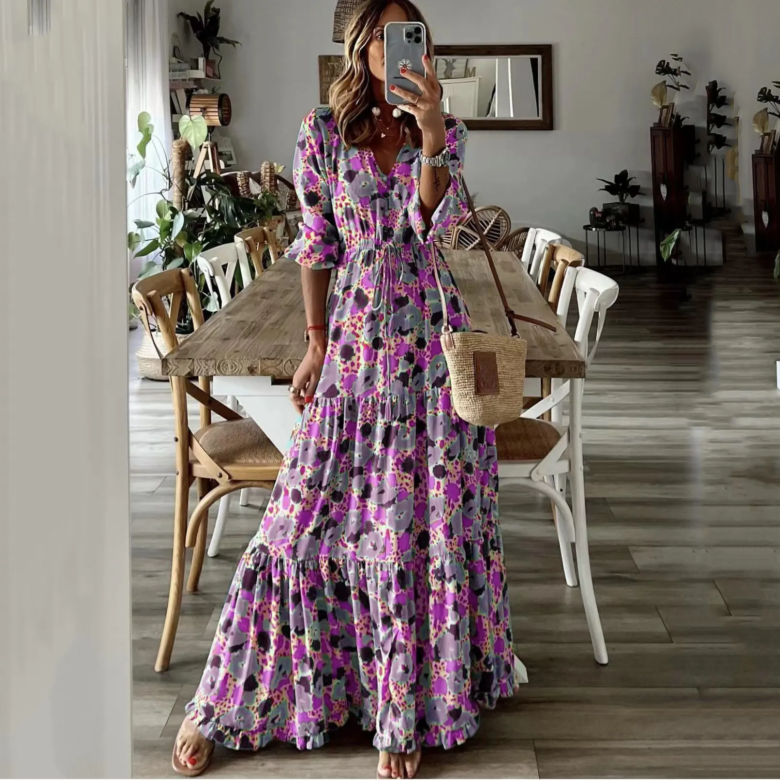 Maxct Maxct Summer New Women's Wear Temperament Holiday V Collar Print Large Place Long Dress