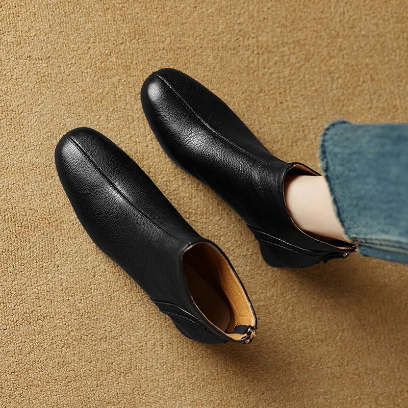 Retro Autumn Sheepskin Leather Chunky Zipper Ankle Boots