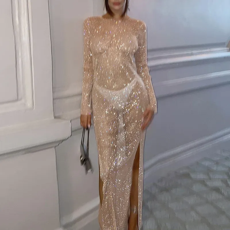 Sexy See Through Sheer Mesh Dress Elegant Solid Color Diamonds Slit Long Sleeves Dresses Party Club Lady Long Vestidos