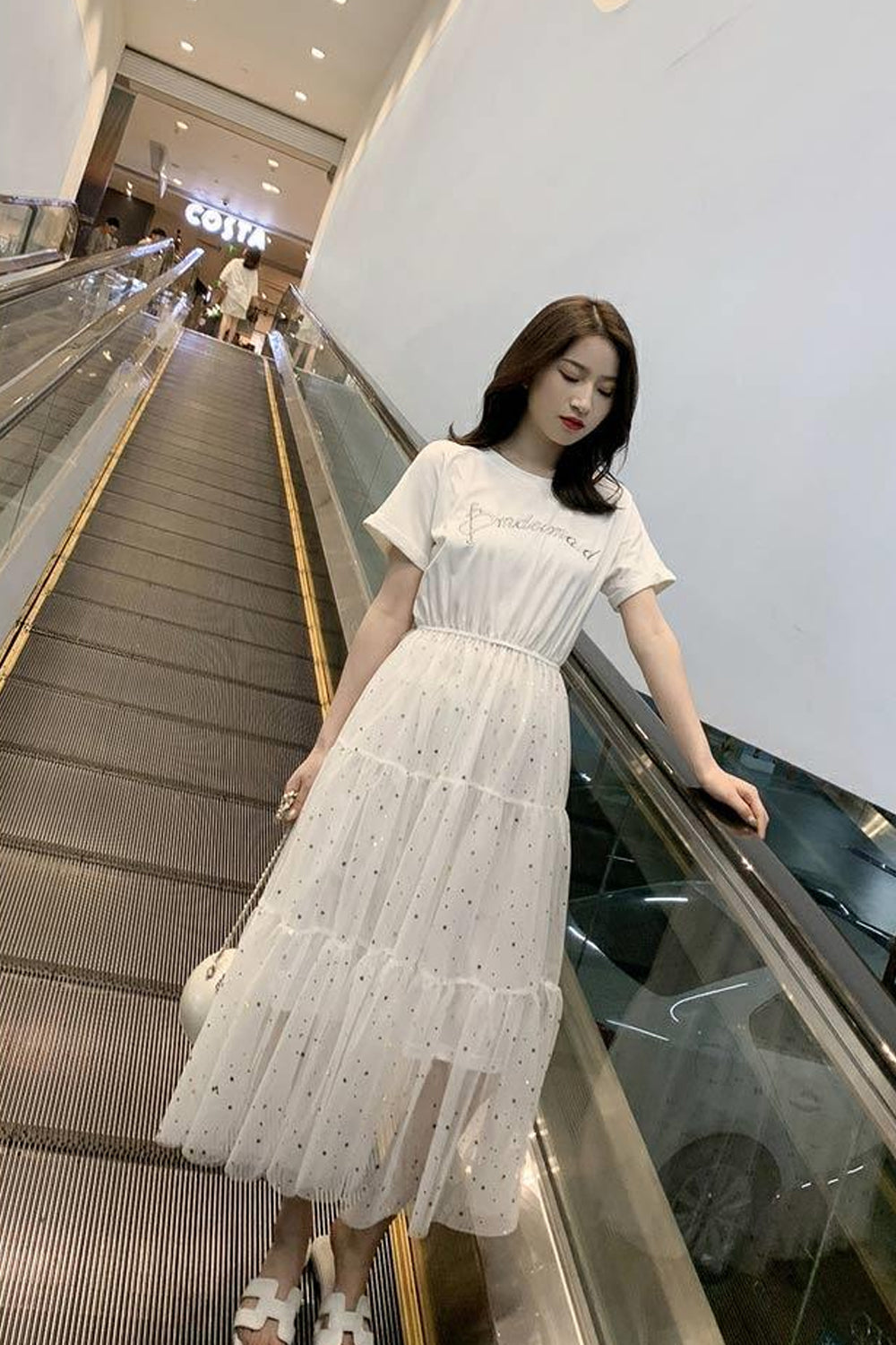 Loose O-Neck Casual Mesh Sequined Dress Maxct