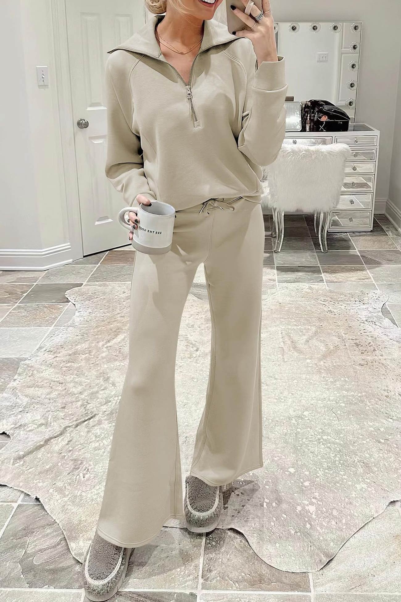 Maxct Lapel Zip-up Sweatshirt Wide Leg Long Pants Set