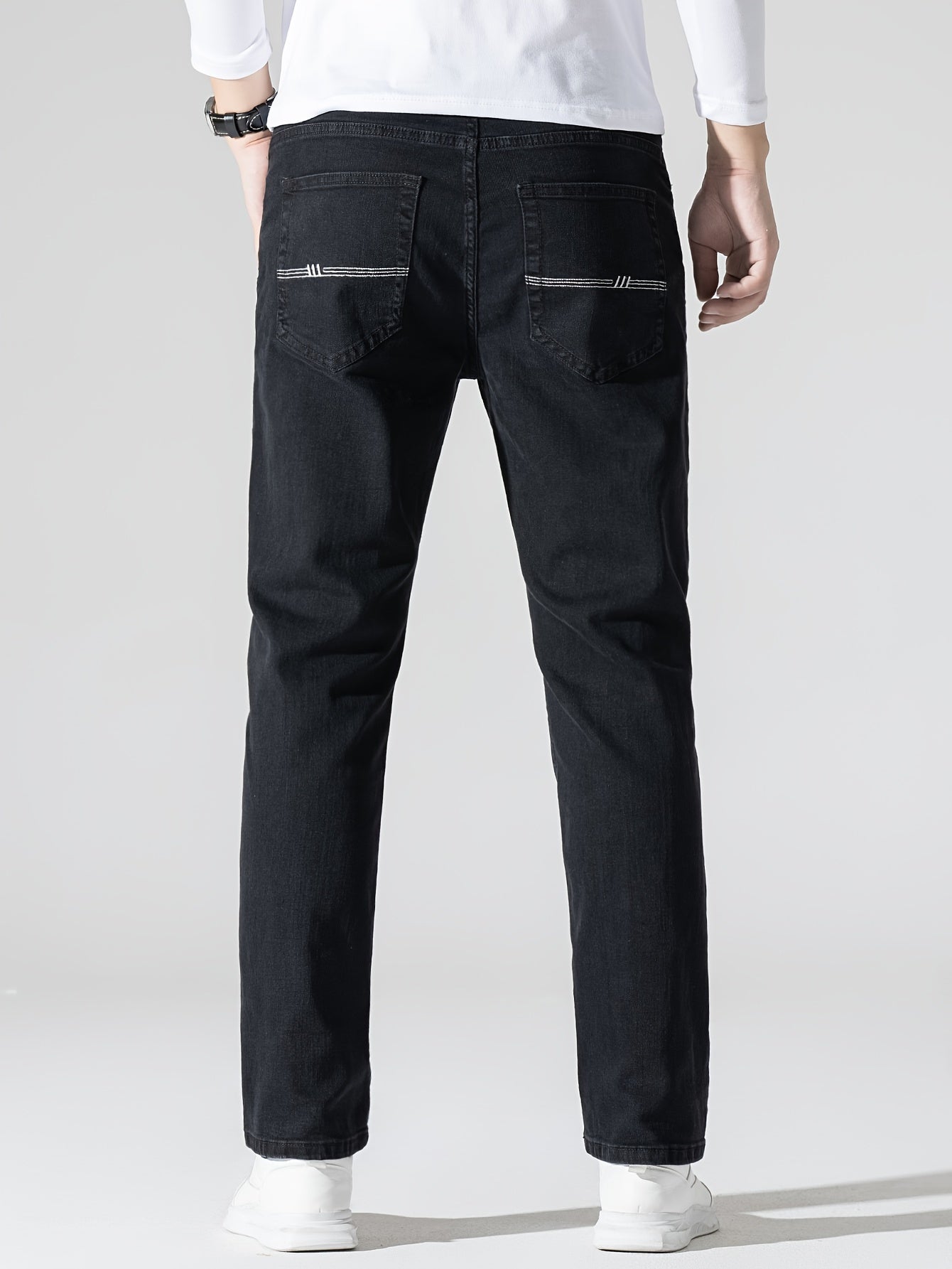 Men's High Stretch Jeans For Business, Slim Fit Denim Pants With Pockets For Spring Fall
