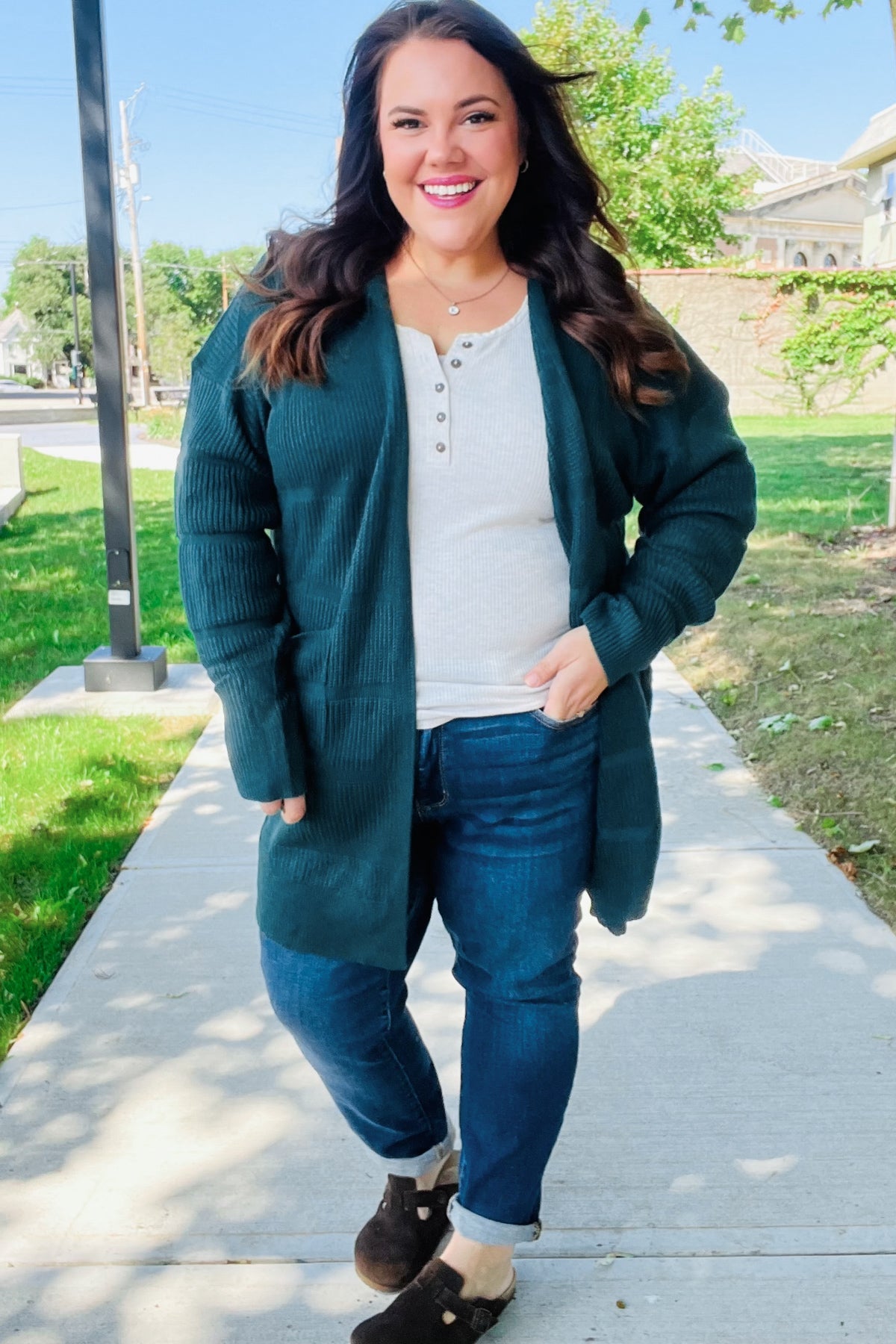 Maxct &Everyday Hunter Green Striped Knit Open Cardigan