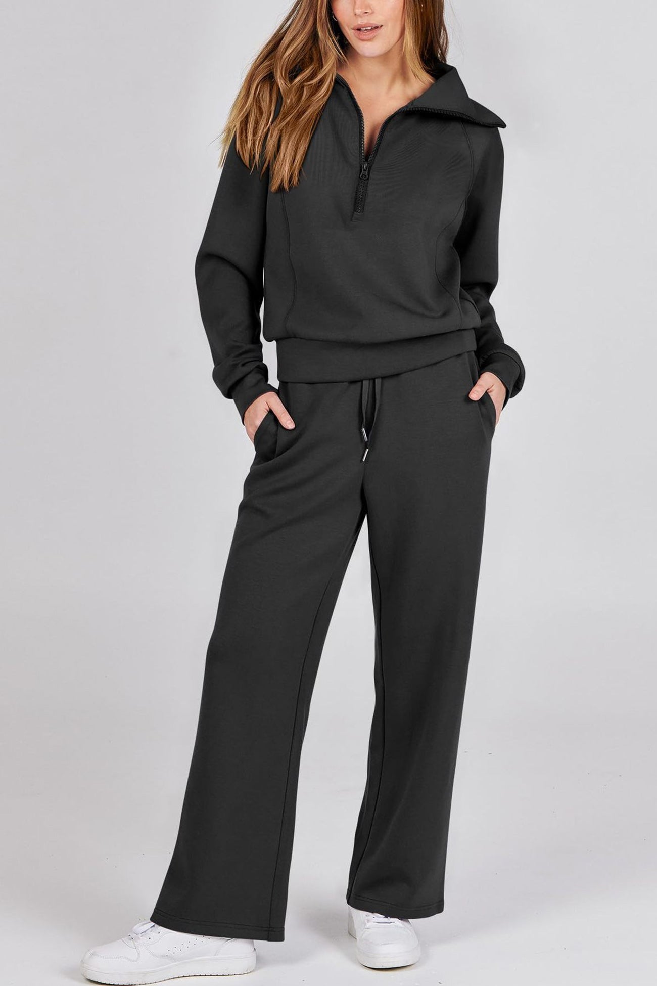 Maxct Lapel Zip-up Sweatshirt Wide Leg Long Pants Set