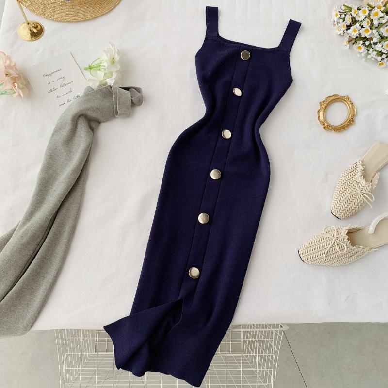 Summer Pink/Red/White/Black Women Knitted Dress Vintage High Waist Button Single-breasted Slim Casual Dress For Female New
