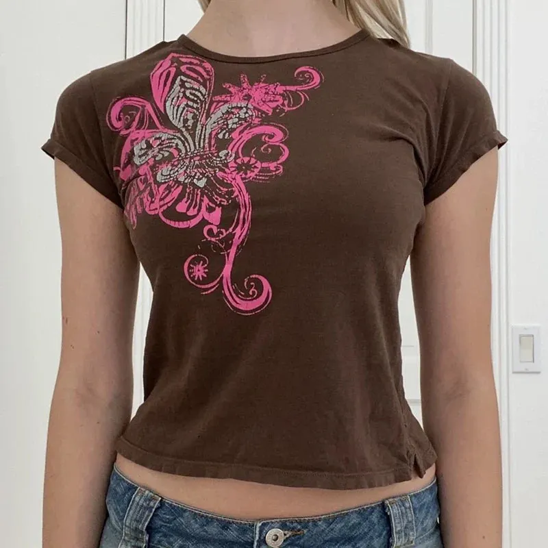 Maxct y2k Aesthetic Fairy Grunge Vintage Tops Graphic Print Brown T-Shirt Short Sleeve Slim Pullover Sweats Tees Harajuku Retro Women
