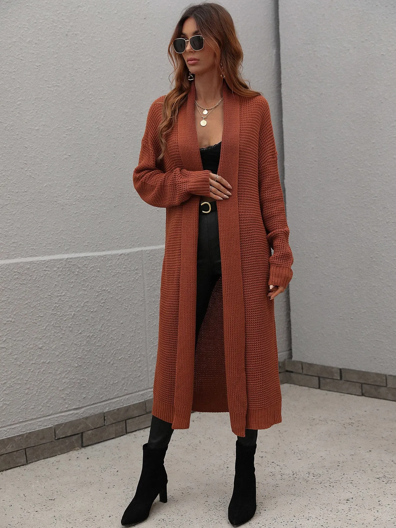 Maxct &Double Take Waffle Knit Open Front Duster Cardigan With Pockets