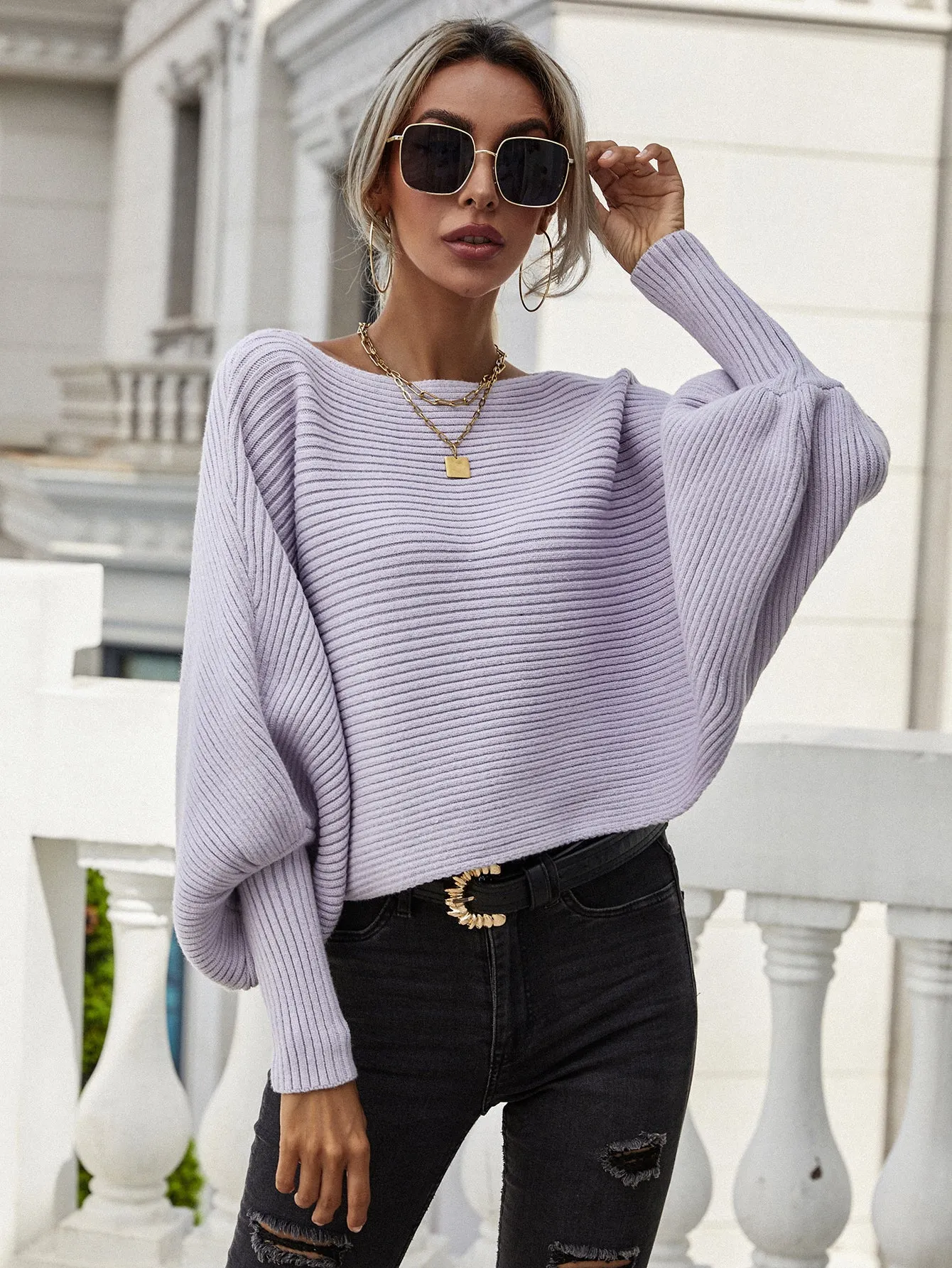 Maxct &Woven Right Horizontal Ribbing Dolman Sleeve Sweater