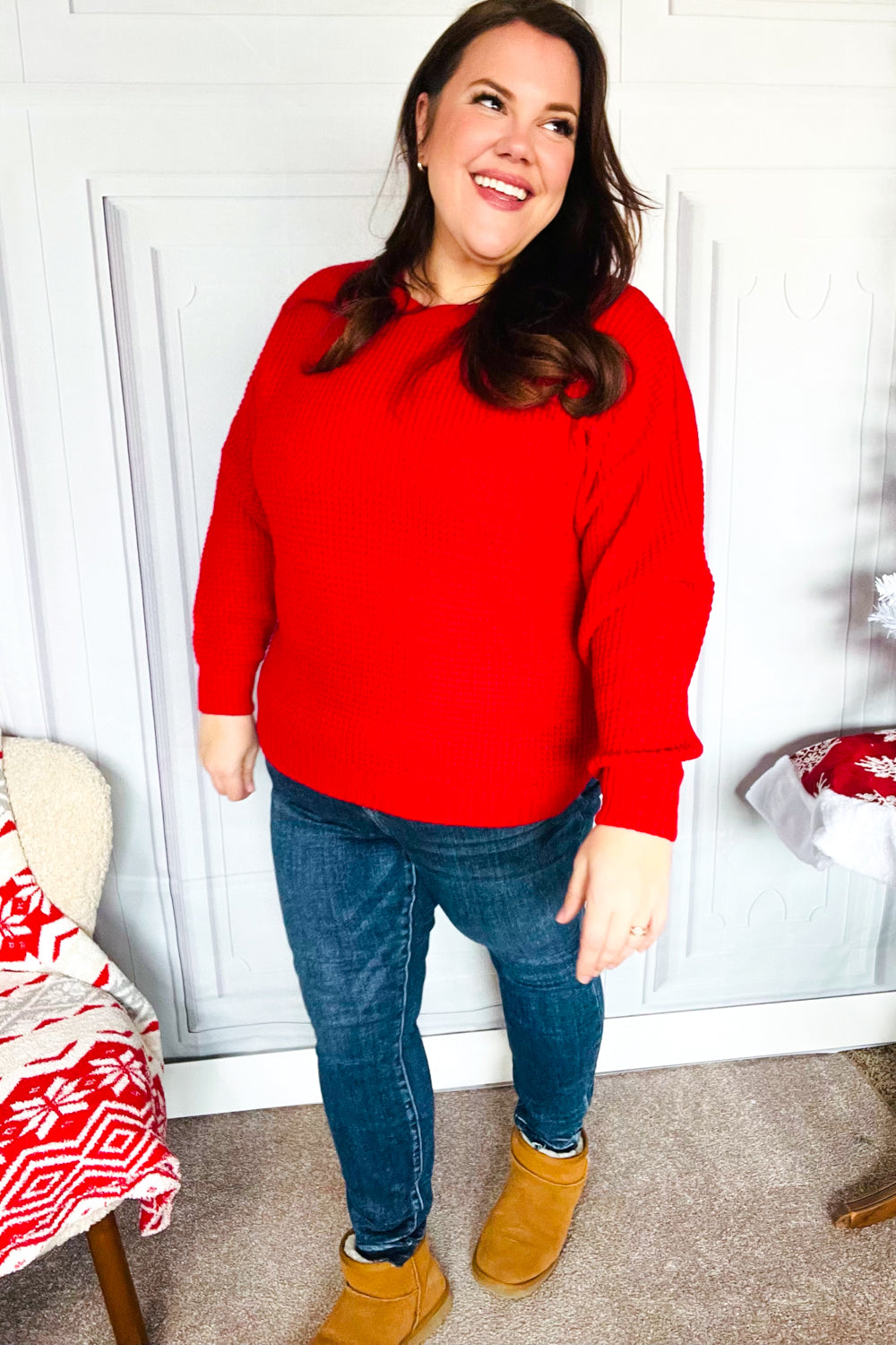 Maxct &All Present Christmas Red Waffle Knit Hi-Low Sweater