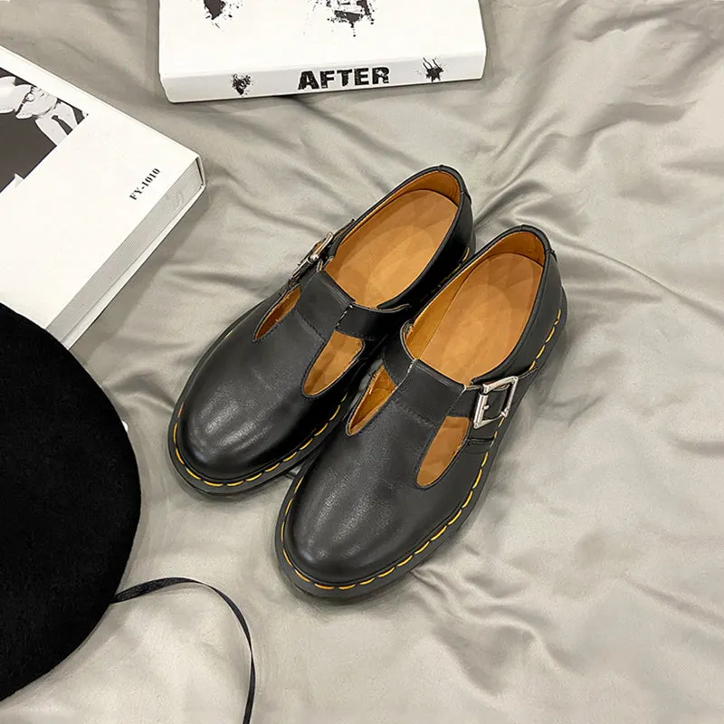 Handmade Retro Waxing Flat Mary Jane Shoes Round Toe  Black/Brown/Black1/White Maxct
