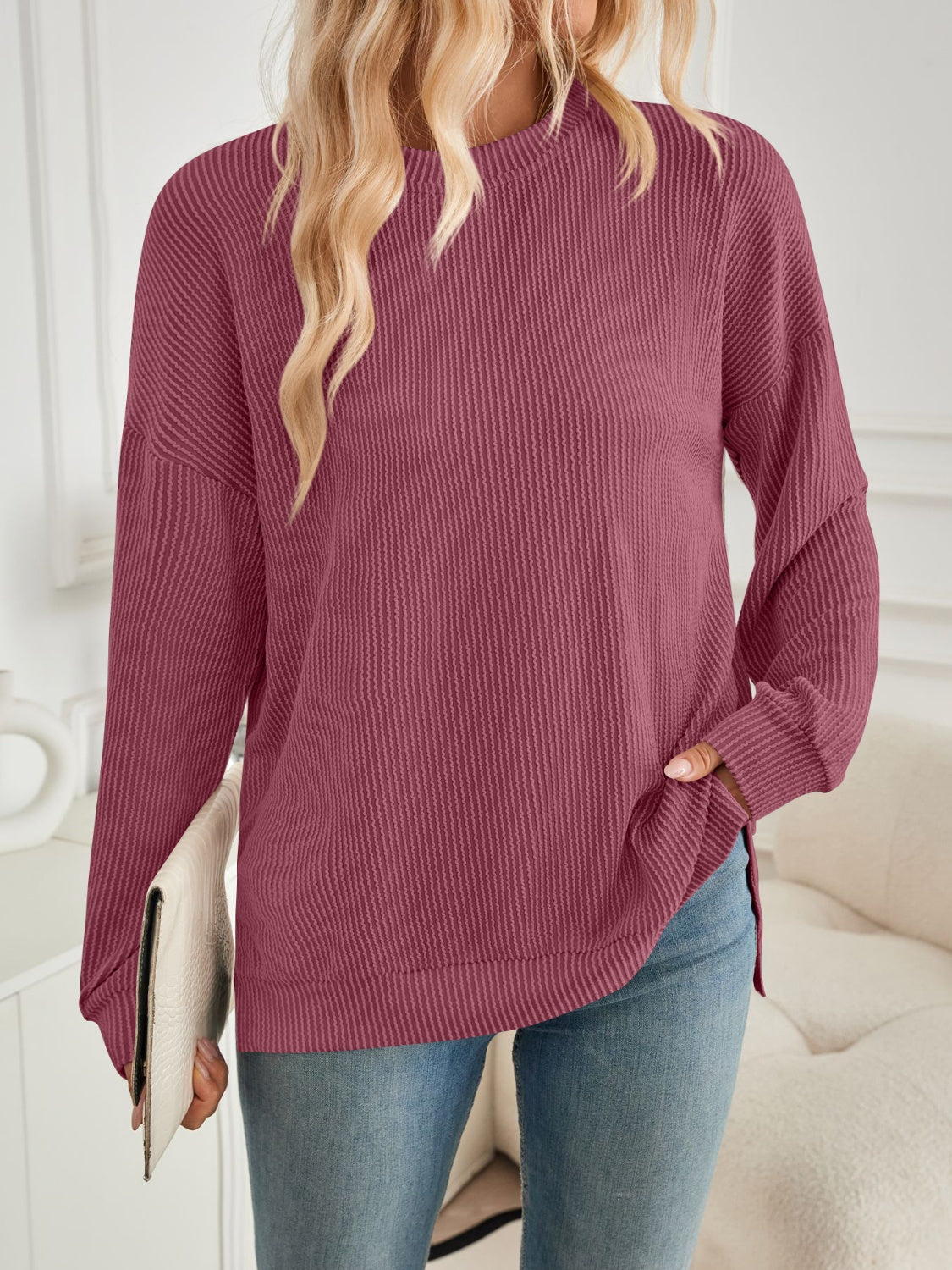 Maxct &Slit Round Neck Long Sleeve Sweatshirt