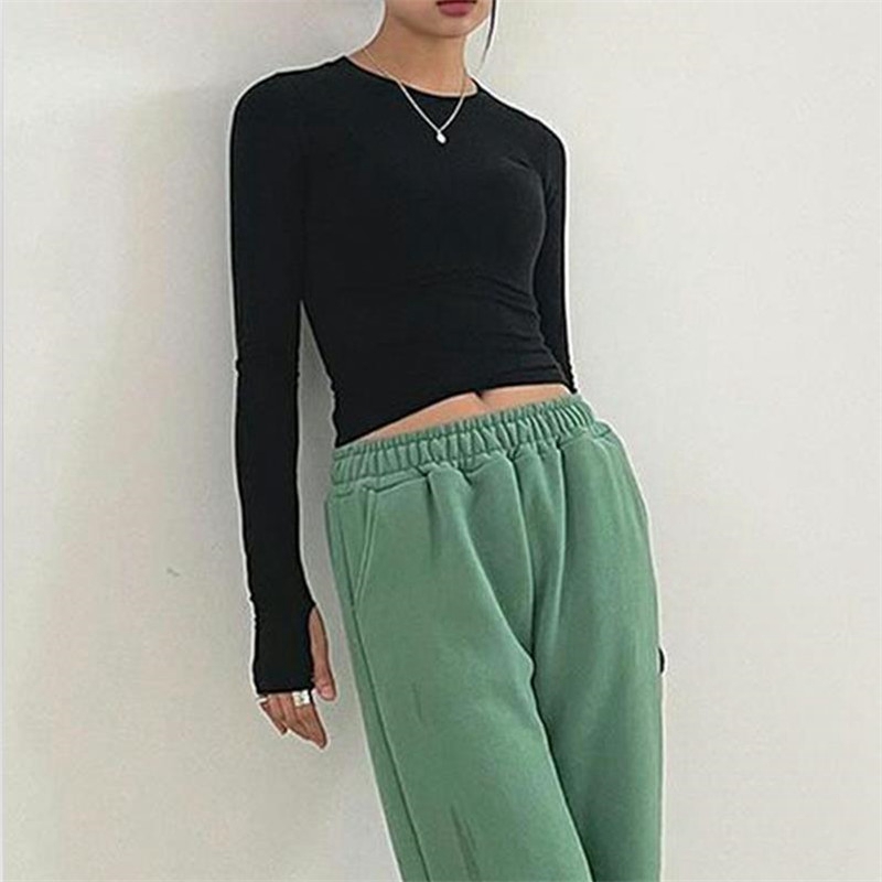 Chic Fashion Elegant Slim Fit Crop Tops Women Clothes Casual Solid Color Basic Tees Autumn Spring O Neck Long Sleeve T-shirt