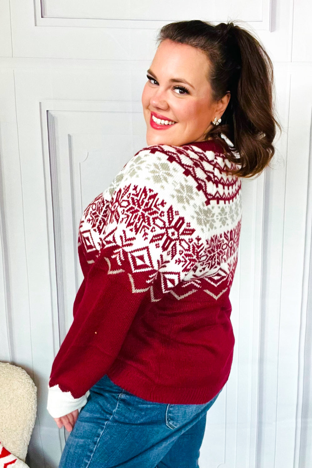 Maxct &Merry Christmas Merlot Snowflake Oversized Sweater Top