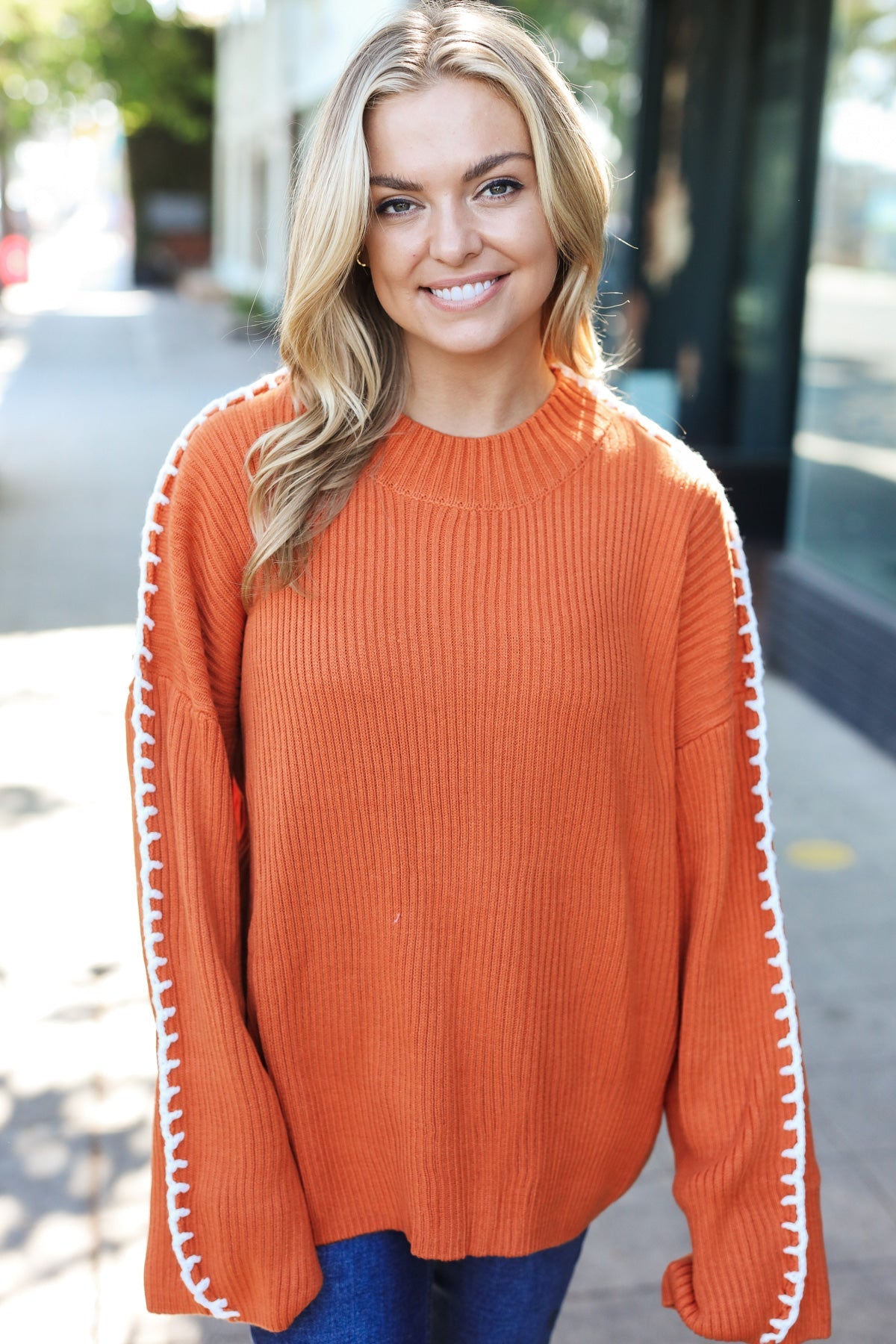 Maxct &Fall Vibes Rust Rib Knit Large Stitch Oversized Sweater