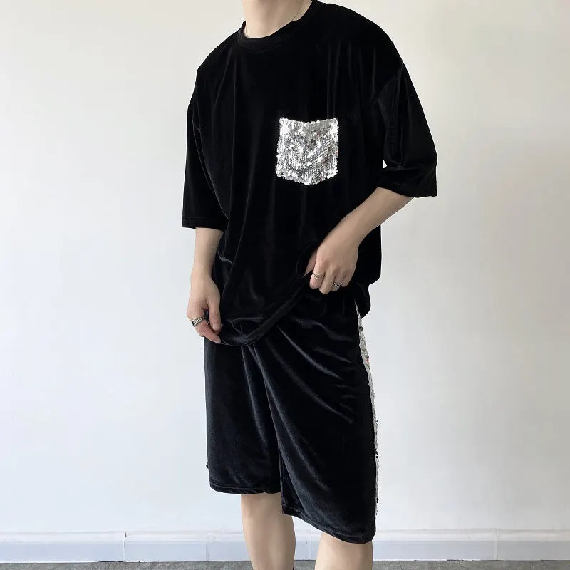Maxct Glitter Sequin Pocket Velvet T-Shirt Shorts Set