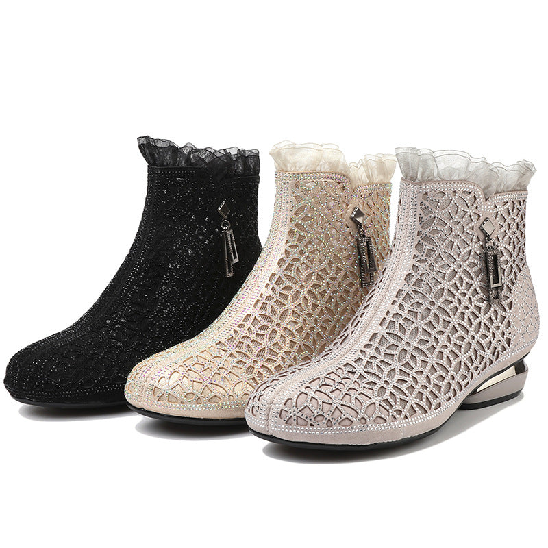 Fashion Rhinestones Hollow Out Thick Heel Short Boots for Women