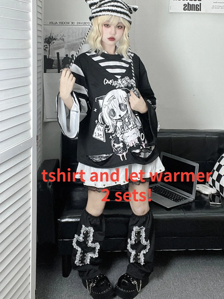Maxct Y2k Fashion Fake Two Pieces Cartoon Print T-shirts Women Casual Loose Grunge Tops Aesthetic Fairy Harajuku Kawaii Tee