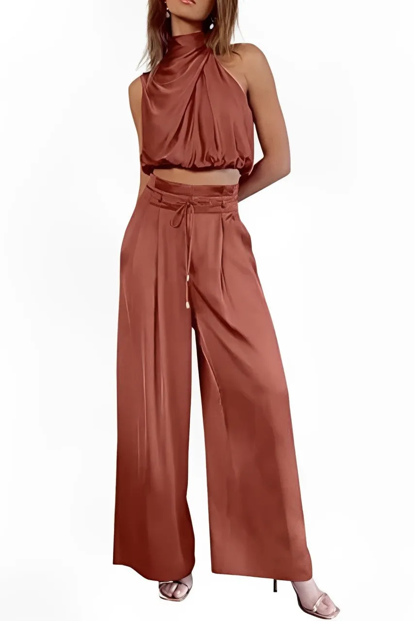 Maxct Satin Mock Neck Crop Top Pants Suits - Image 11