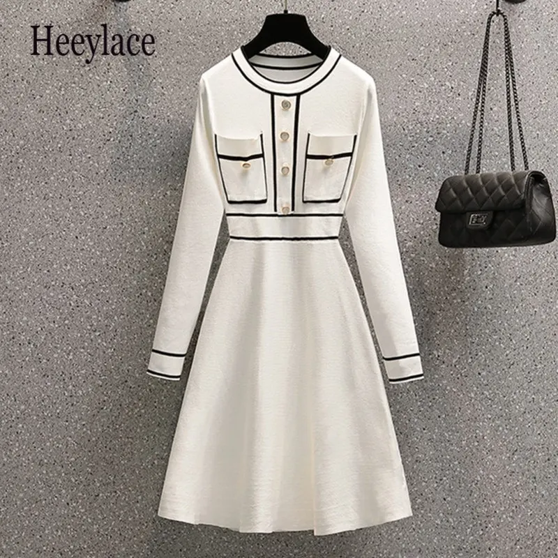 Maxct Size Autumn Winter Striped Patchwork Knitted Dress Elegant Women O Neck Button Long Sleeve White Sweater Dresses 4XL
