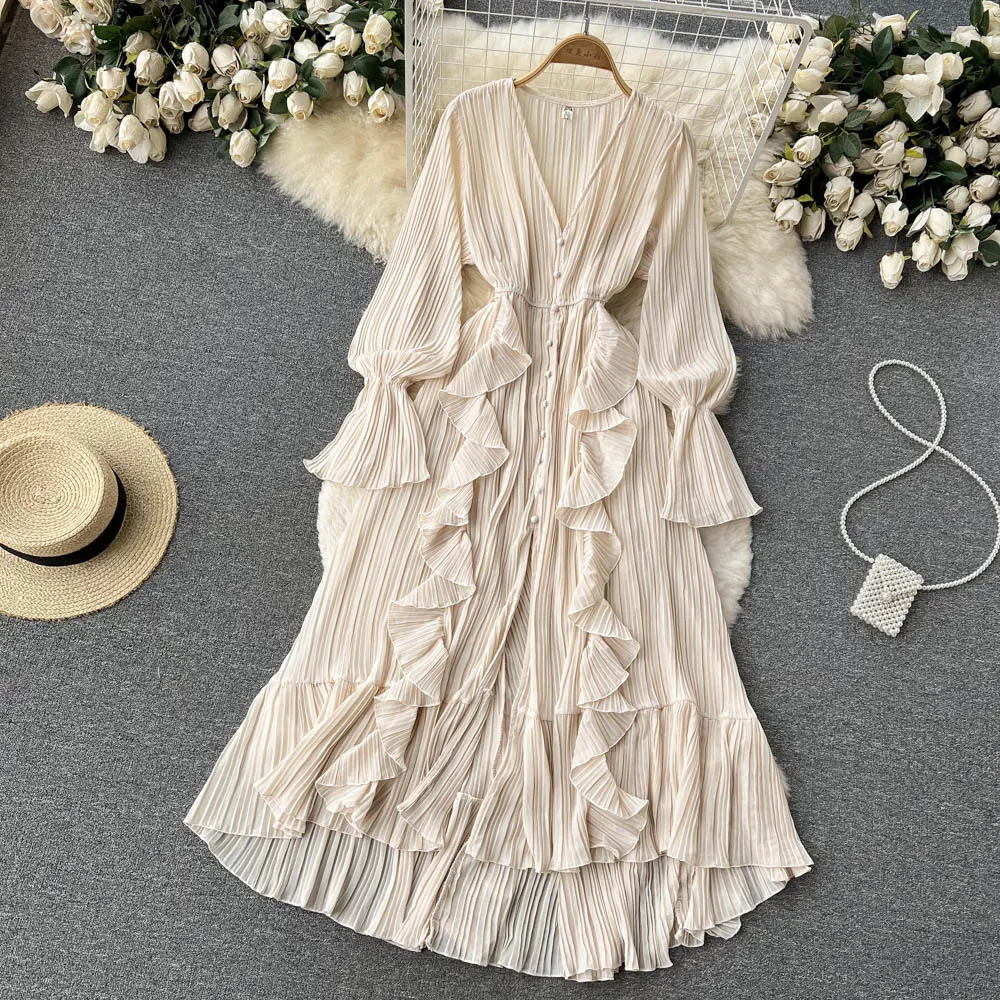 Chiffon Pleated Long Dress Women Vintage V-Neck Flare Sleeve Draped Ruffle Vestido Female Maxi Robe Spring Fall 1215-1