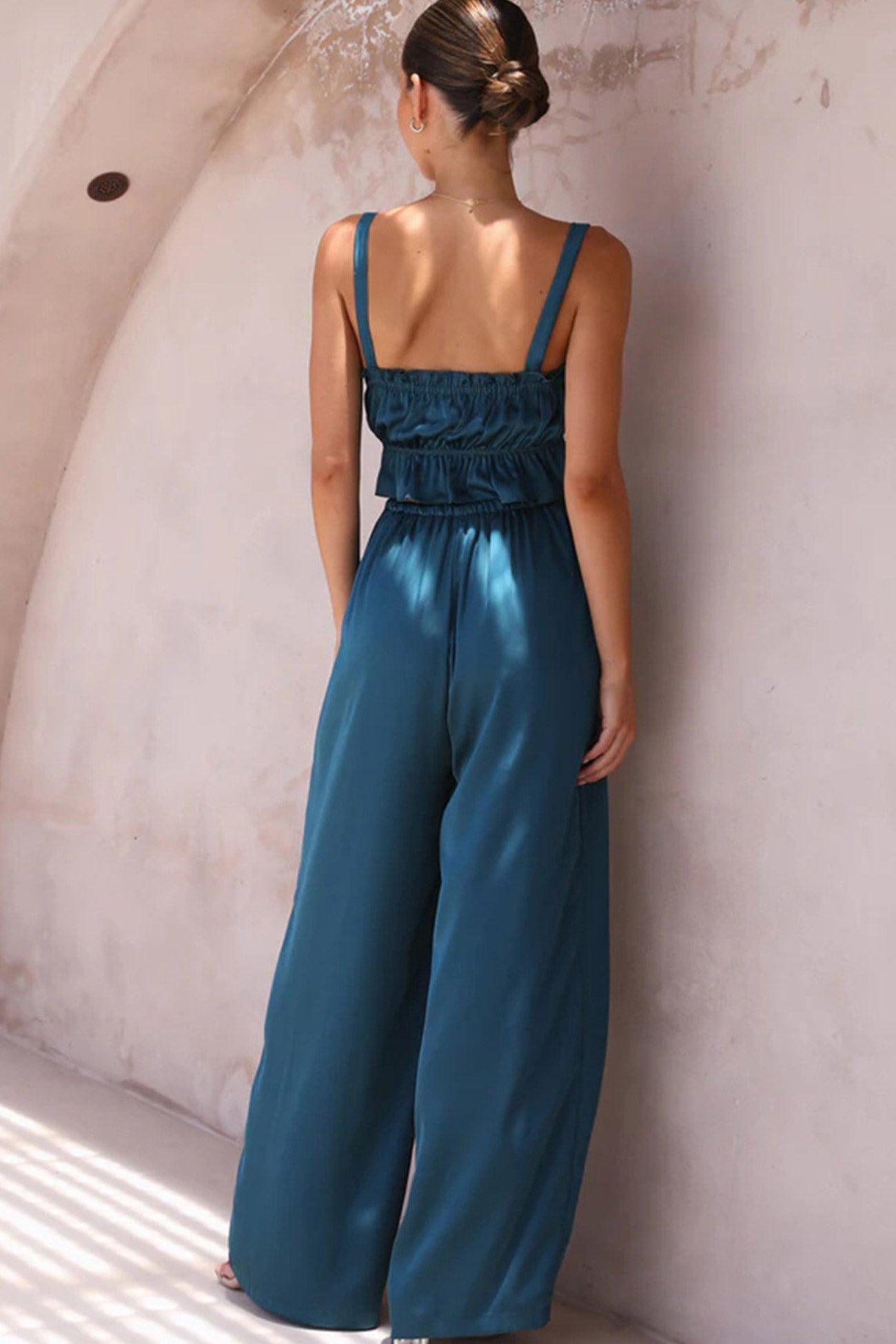 Maxct Smocked Ruffle Cami Crop Top Wide Leg Long Pants Set