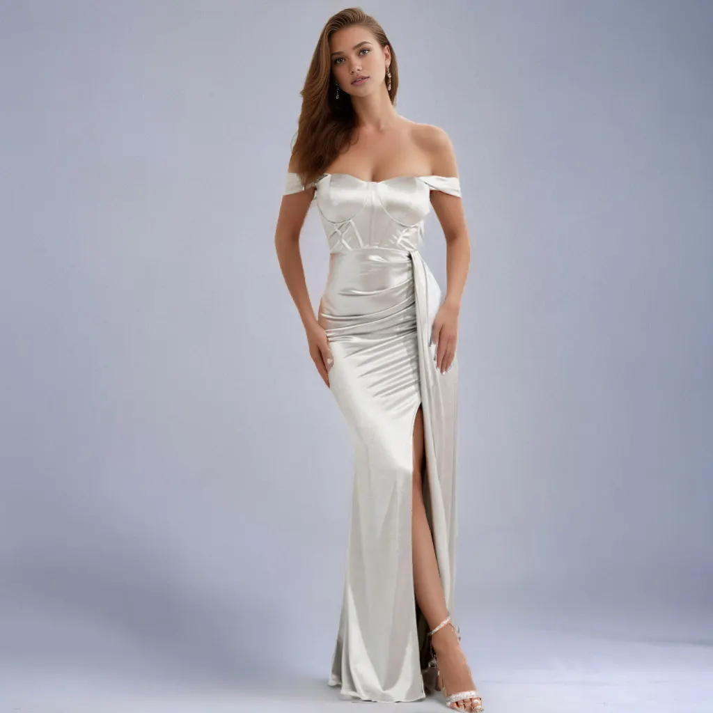 Maxct pirates vs sailors drees to impress Middle East Ins Waist Solid Color off-Neck Slit Evening Dress Fishtail Dress Long Skirt Dress