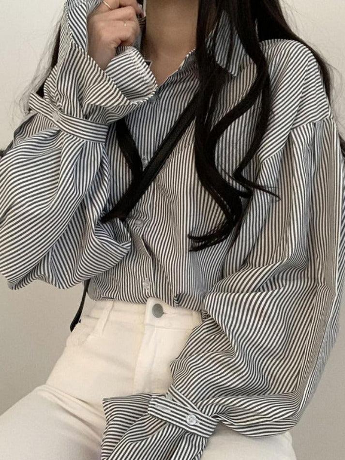 Maxct Stripe Lantern Sleeve Long Sleeve Blouse