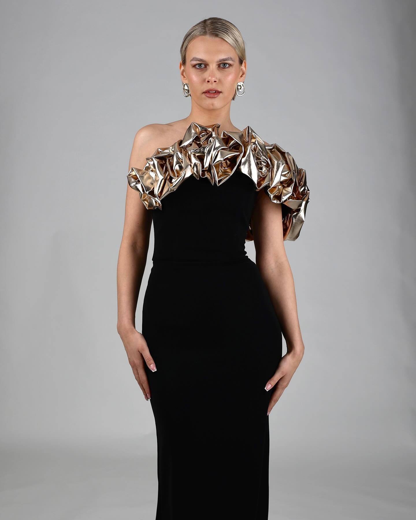 Maxct Cross Border Women Bandage Dress Evening Dress Golden Flower Slant Shoulder Dress High Purple Banquet Bandage Dress