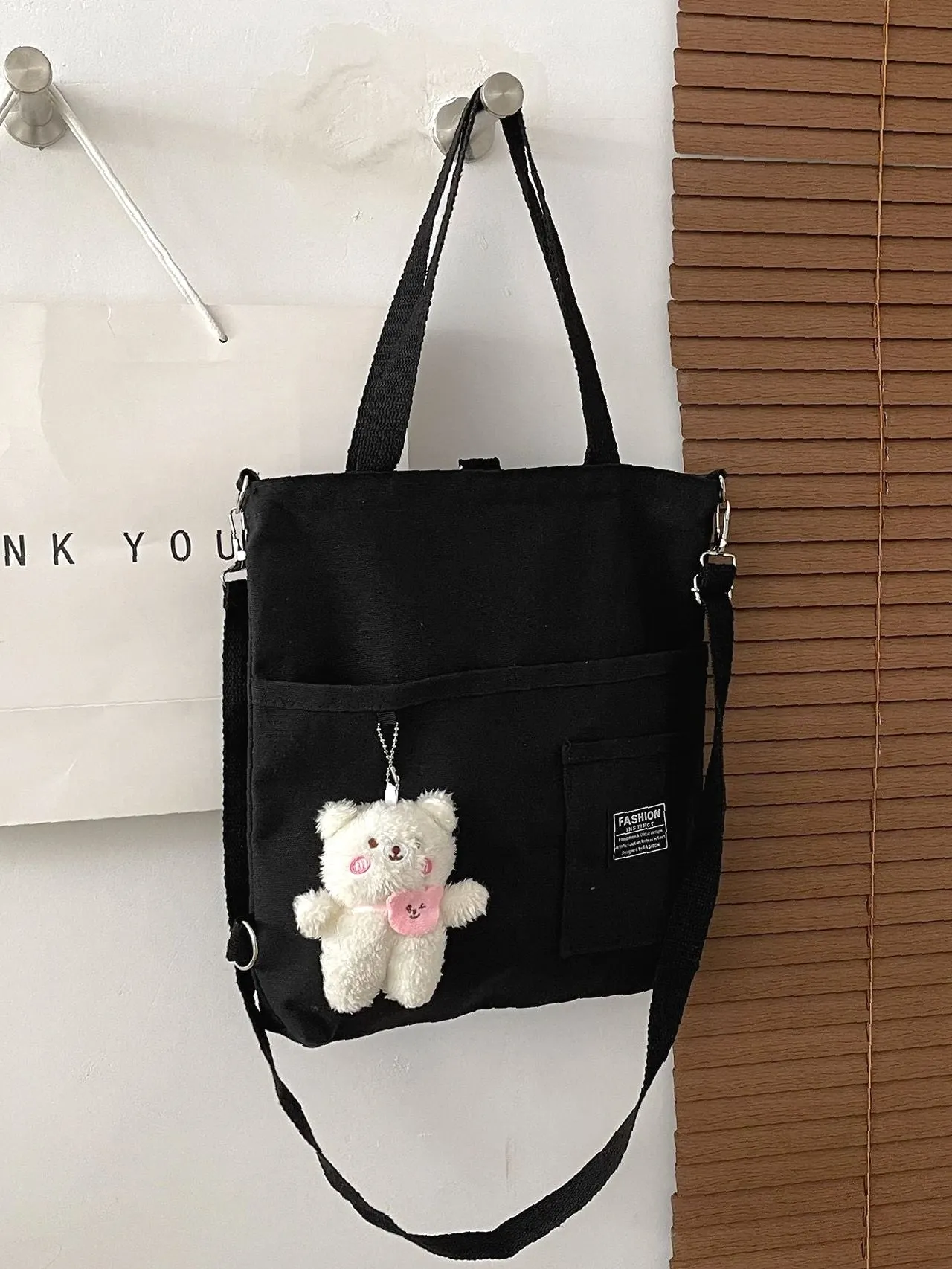 Maxct - Letter Graphic Shopper Bag with Bag Charm  - Women Tote Bags