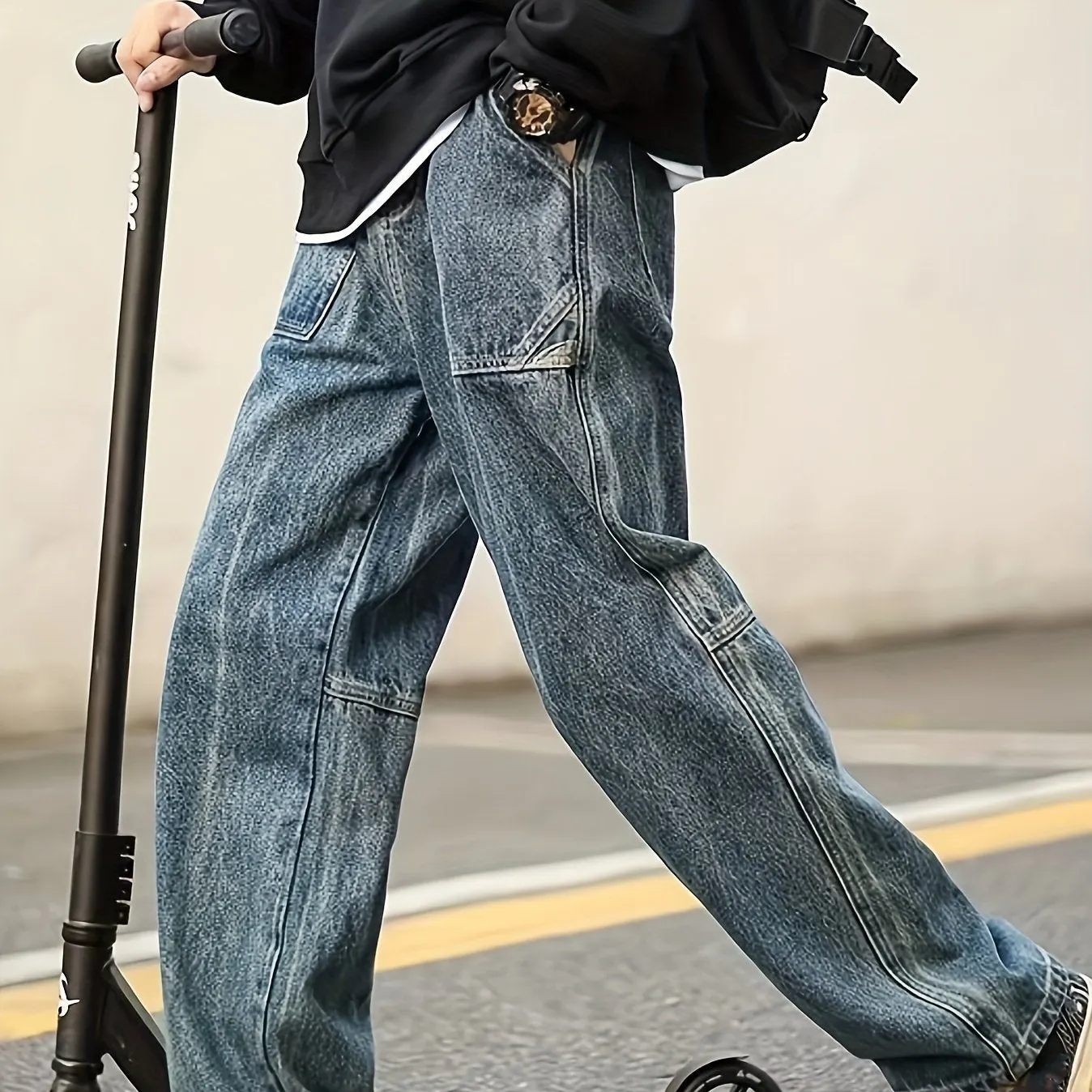 Maxct  Wide Leg Cotton Jeans, Men's Casual Street Style Patchwork Denim Pants For Spring Summer