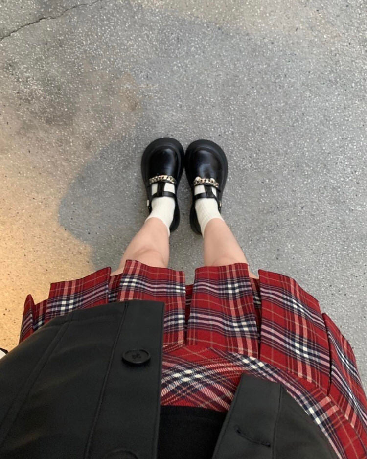 Red Plaid Grunge Pleated Skirt Maxct